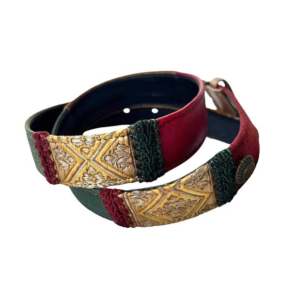 VINTAGE ALDEN HOWARD Patchwork Boho Womens Belt Sz M Burgundy Cherry Retro - Picture 1 of 16